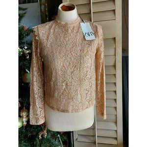 New Zara Beige Lace Embrodery Long Sleeve Top Sz S round neck lined zipper NWT